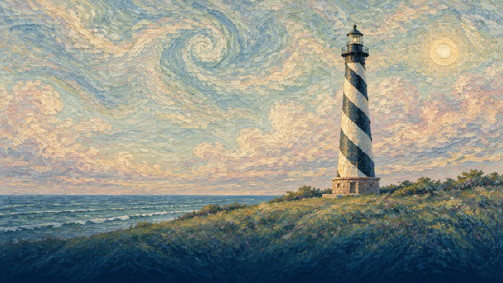 Lighthouse on a grassy headland above the sea