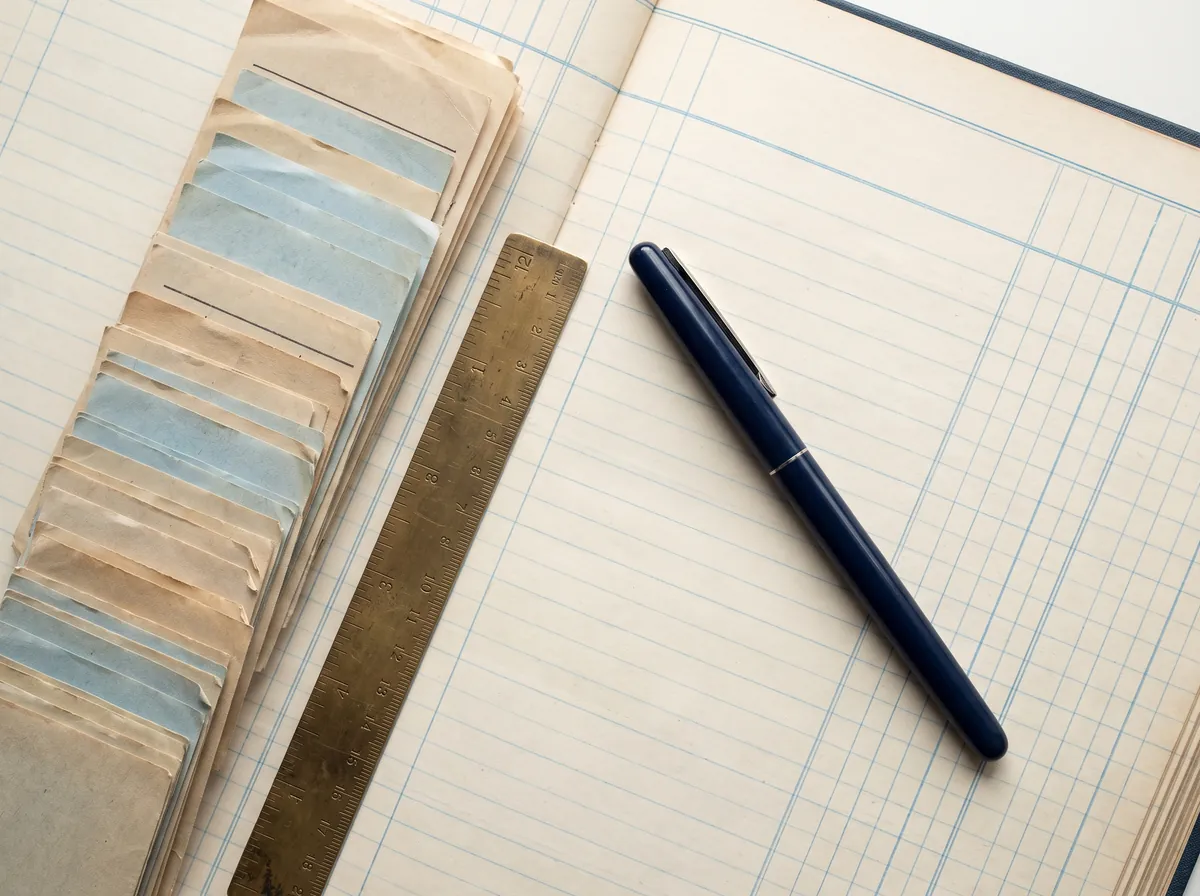 An open columnar ledger with a brass ruler, a navy fountain pen, and a row of neatly squared receipts.
