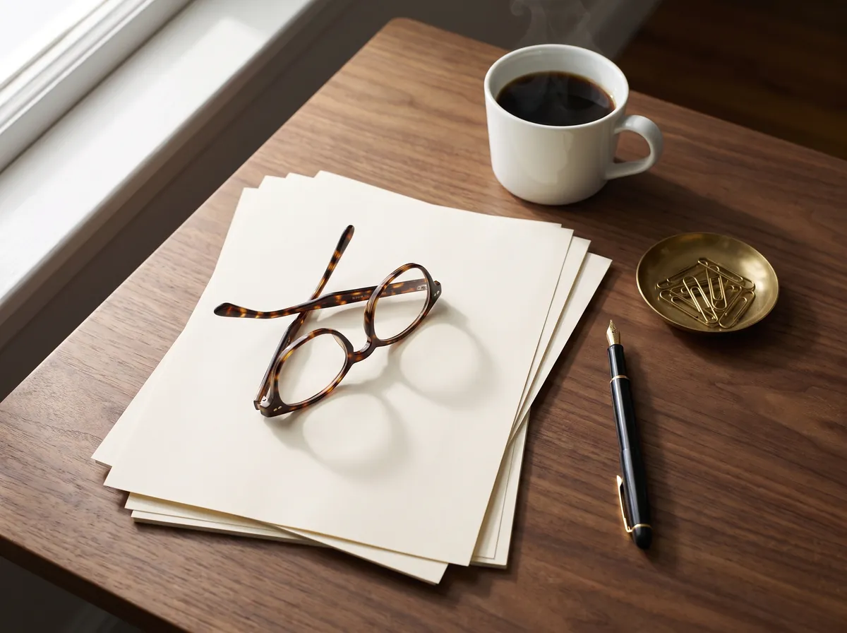 A stack of blank cream forms on a walnut desk with reading glasses, a fountain pen, and a cup of coffee in morning light.